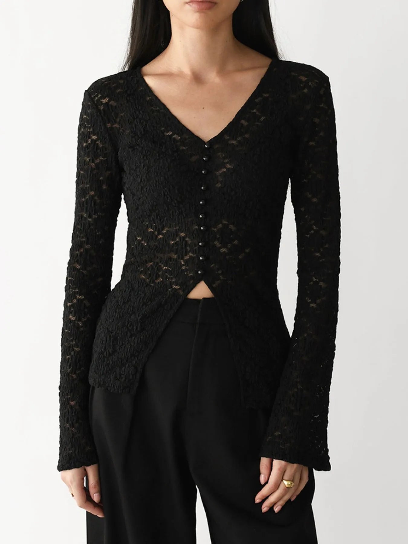 Trendsi Lace V-Neck Flare Sleeve T-Shirt Black