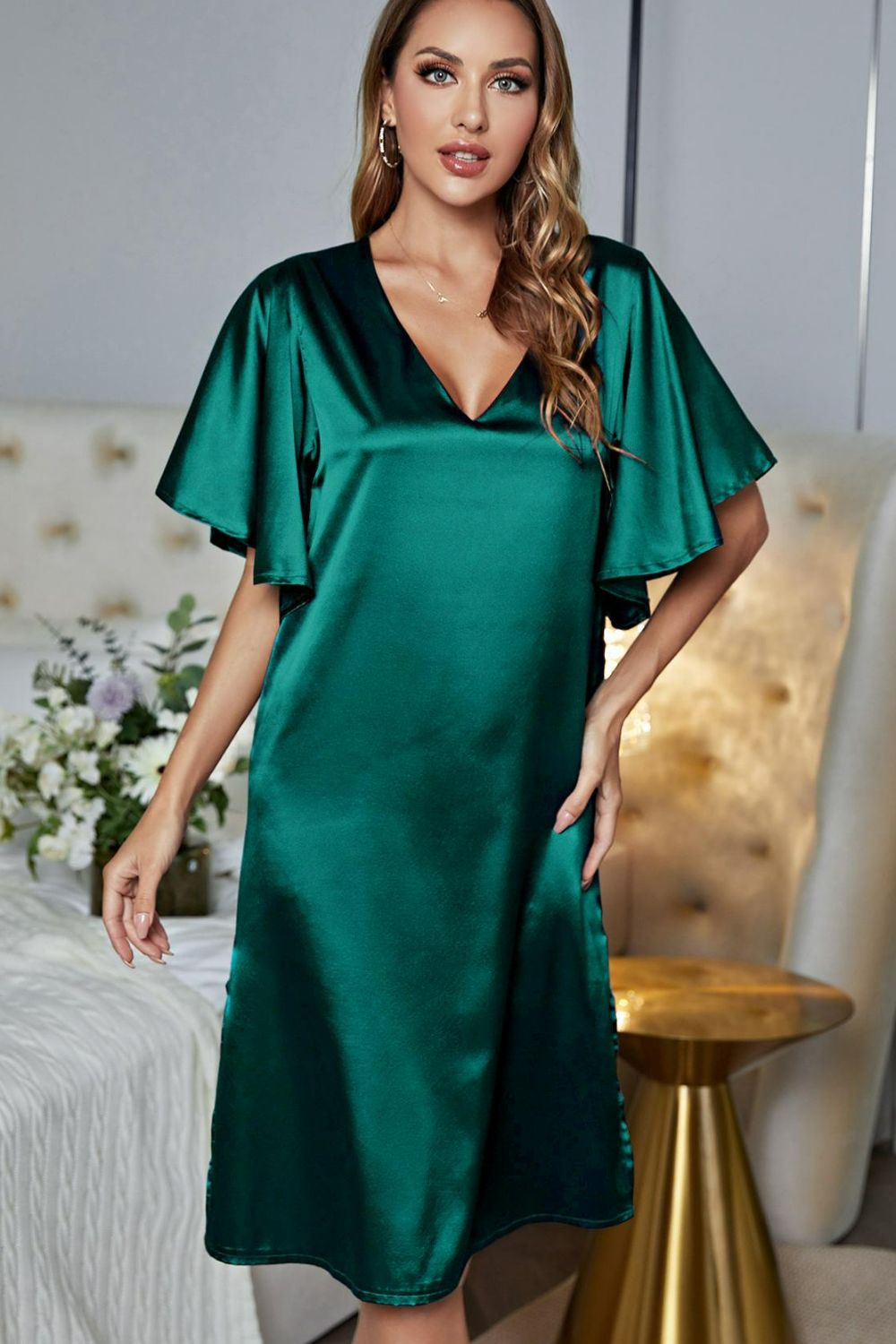 Satin Flutter Sleeve Side Slit V-Neck Night Dress Easy Apparels