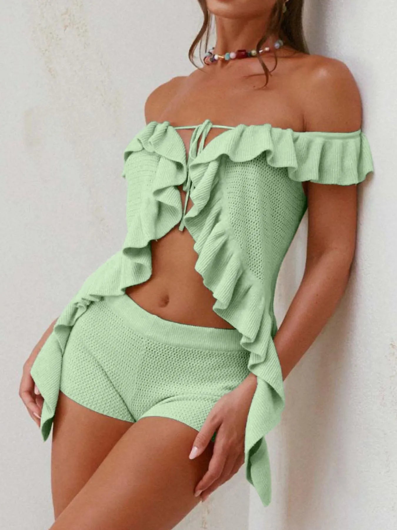 Off-Shoulder Ruffle Top and Shorts Sweater Set Easy Apparels