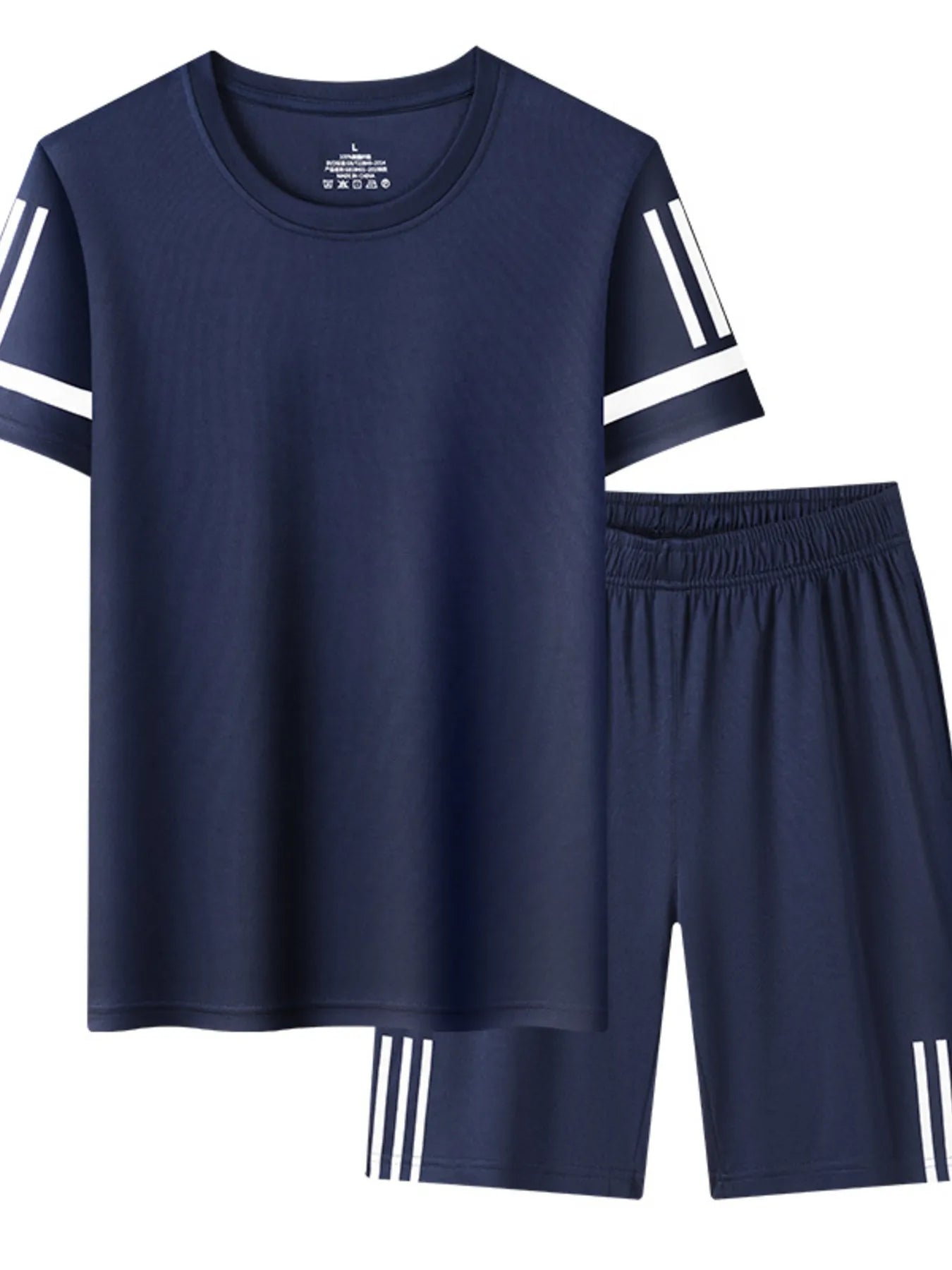 Men's Plus Size Round Neck Short Sleeve Top and Shorts Set Navy Blue Easy Apparels
