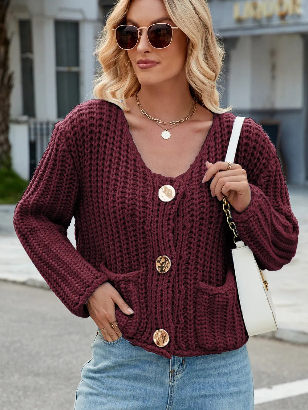 Round Neck Button Up Cardigan with Pockets Easy Apparels