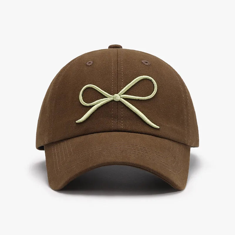 Bow Embroidered Cotton Baseball Cap Coffee Brown One Size Easy Apparels