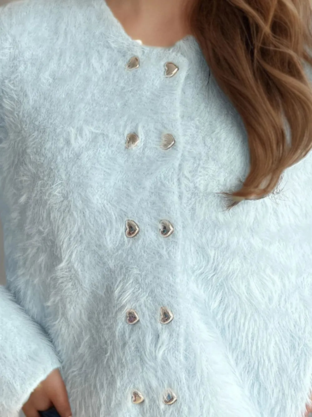 Heart Button Round Neck Cardigan Easy Apparels