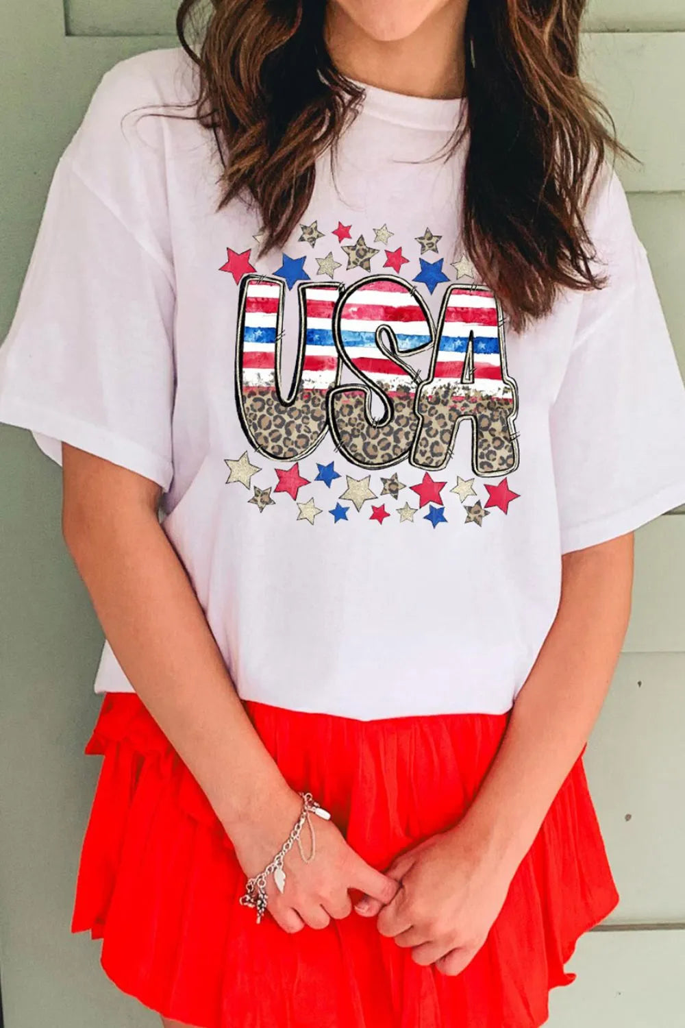 Trendsi Patriotic Star Leopard USA Letter Graphic T Shirt
