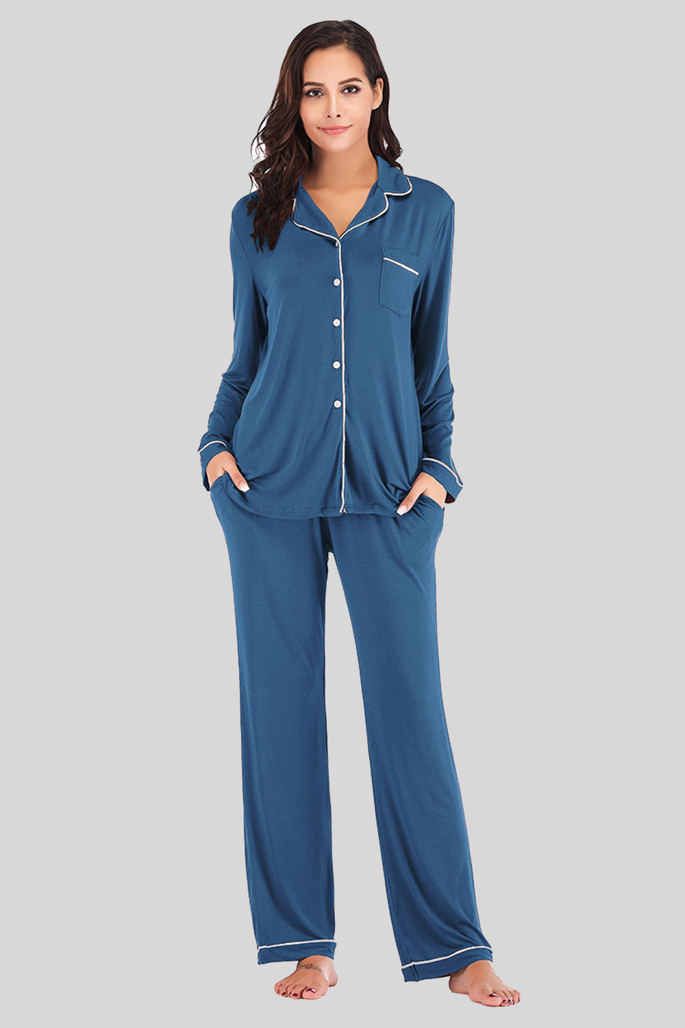 Collared Neck Long Sleeve Loungewear Set with Pockets Peacock Blue Easy Apparels