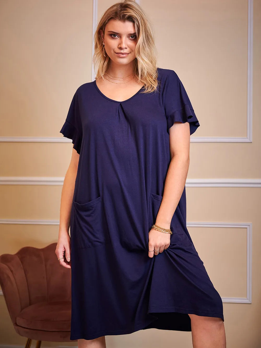 Plus Size Round Neck Short Sleeve Lounge Dress Dark Navy Easy Apparels