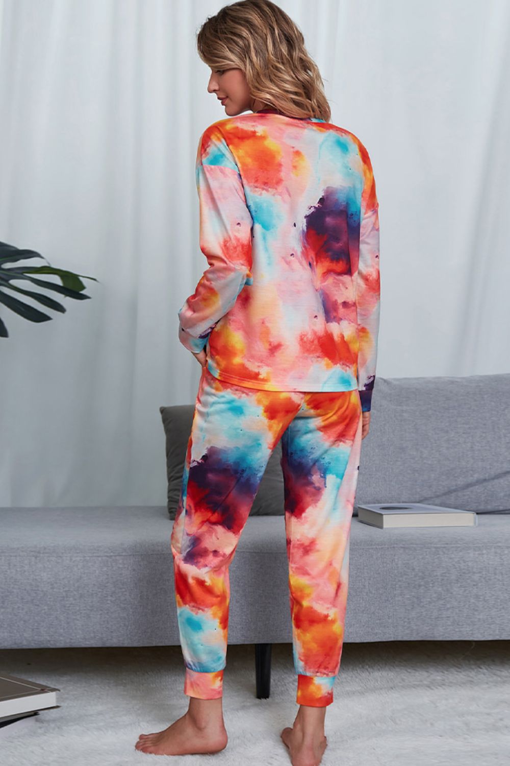 Shiny Tie-Dye Crewneck Top and Drawstring Waist Joggers Lounge Set Easy Apparels