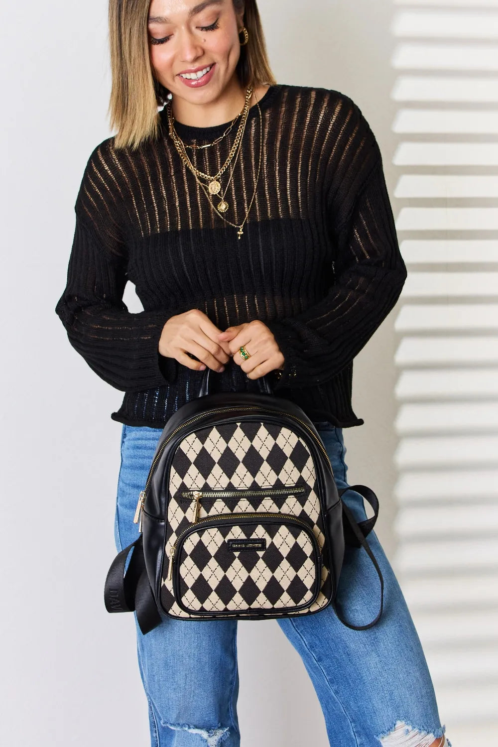 David Jones Argyle Pattern PU Leather Backpack Easy Apparels