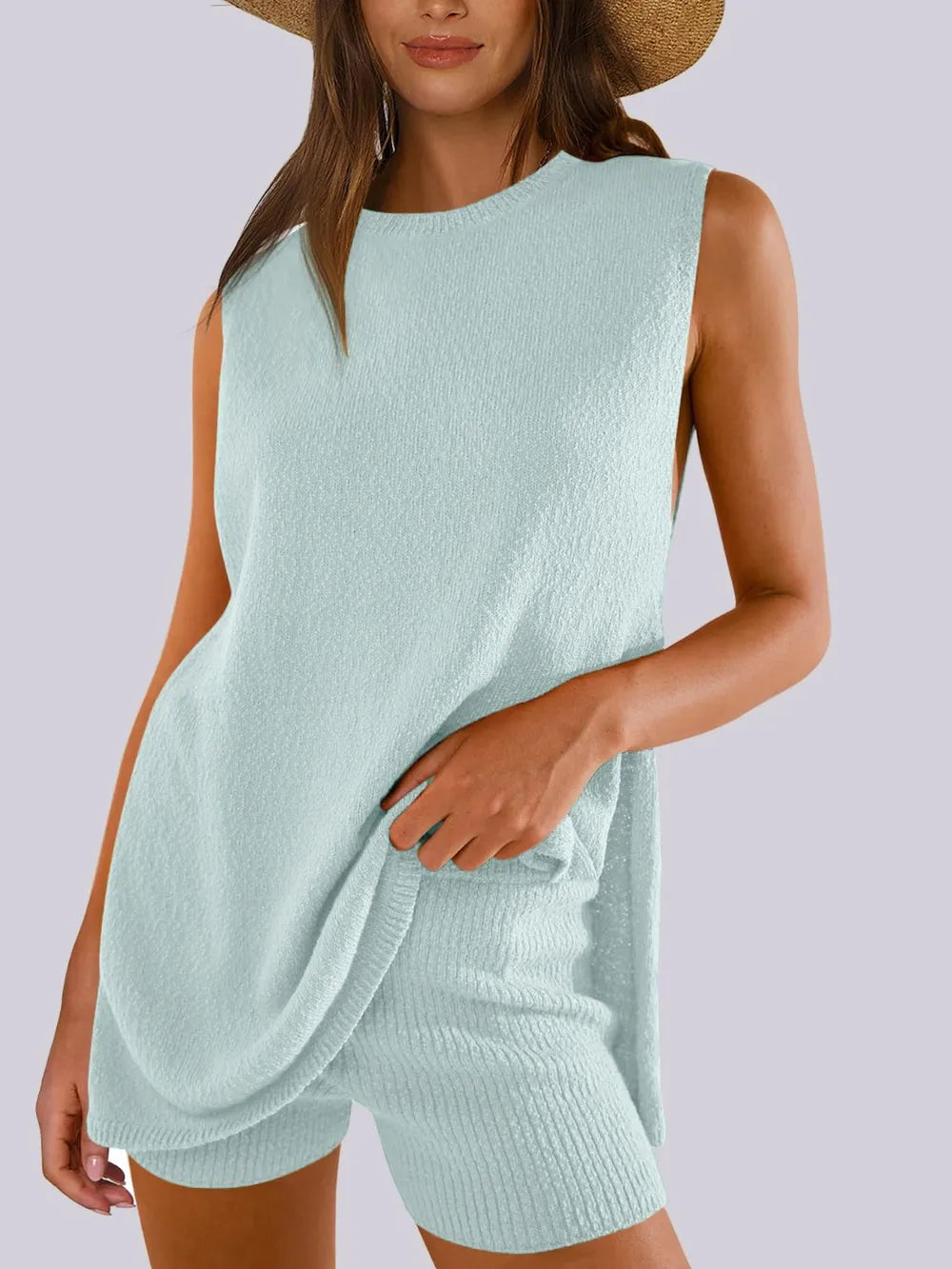 Side Slit Round Neck Tank and Ribbed Shorts Sweater Set Mint Blue Easy Apparels