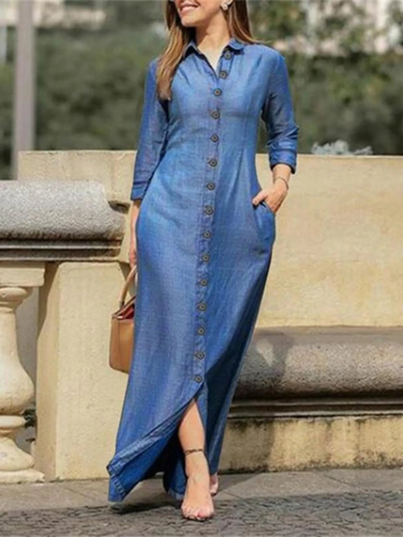 Full Size Button-Down Maxi Denim Dress Plus Size Light Blue Easy Apparels