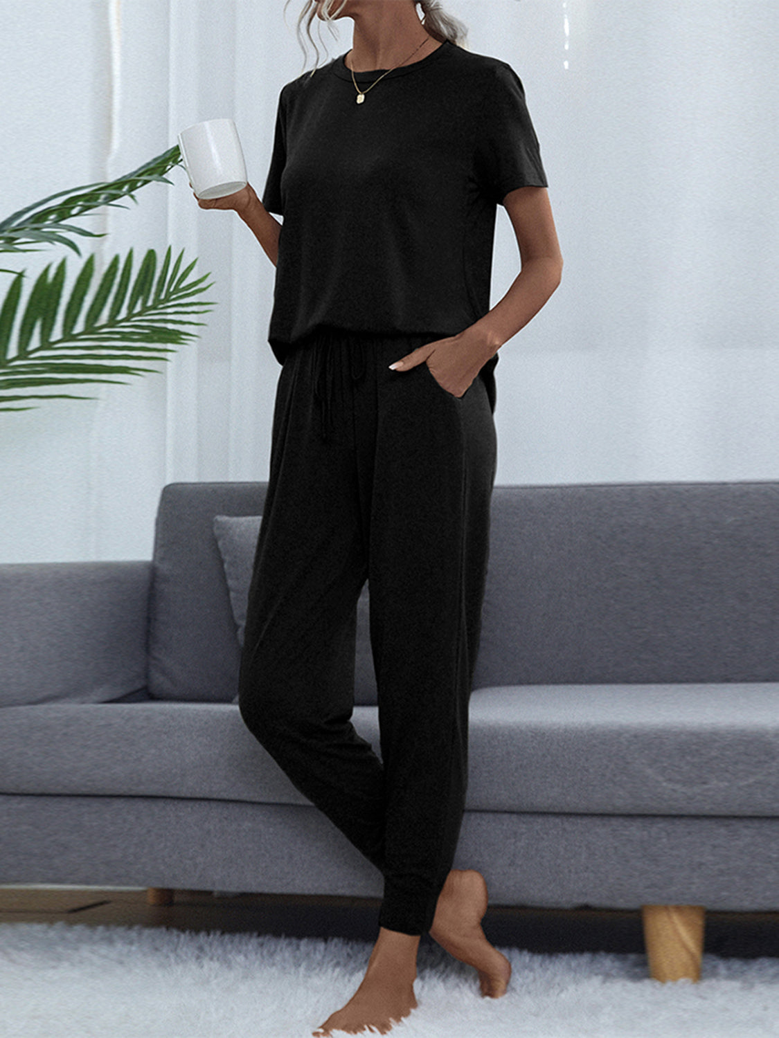Shiny Round Neck Short Sleeve Top and Pants Set Easy Apparels