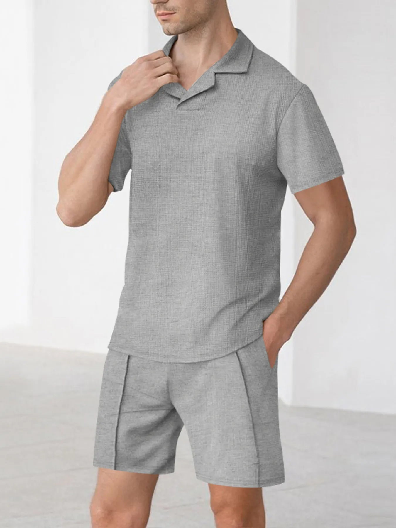 Men's Full Size Short Sleeve Top and Shorts Matching Set Plus Size Light Gray Easy Apparels