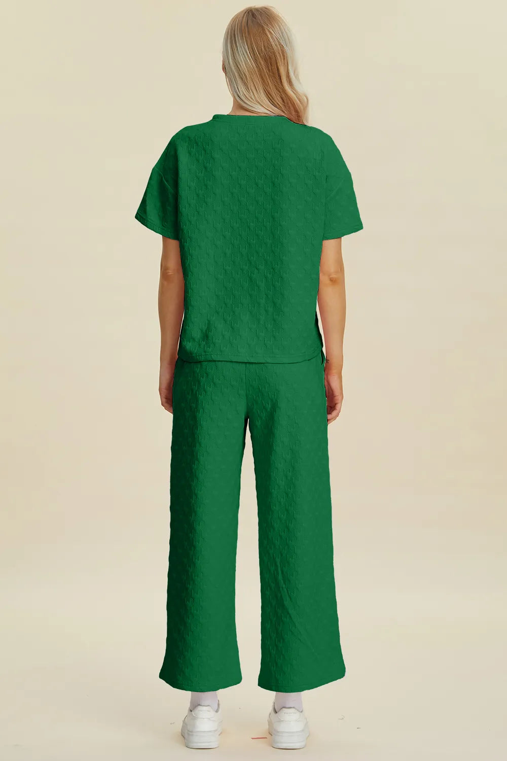 Double Take Full Size Texture Round Neck Short Sleeve Top and Pants Set Easy Apparels