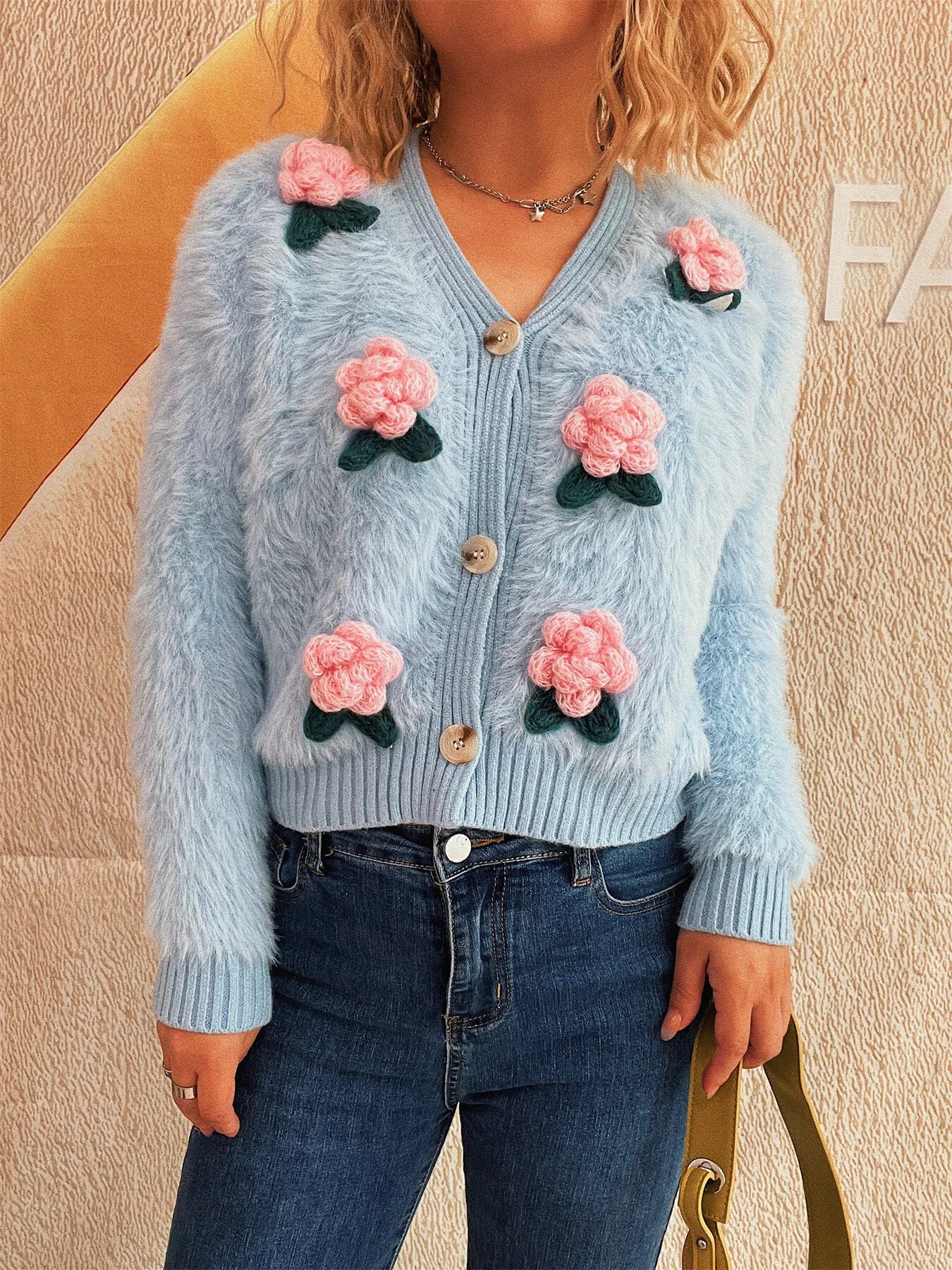 Flower Fuzzy Button-Up Cardigan Easy Apparels