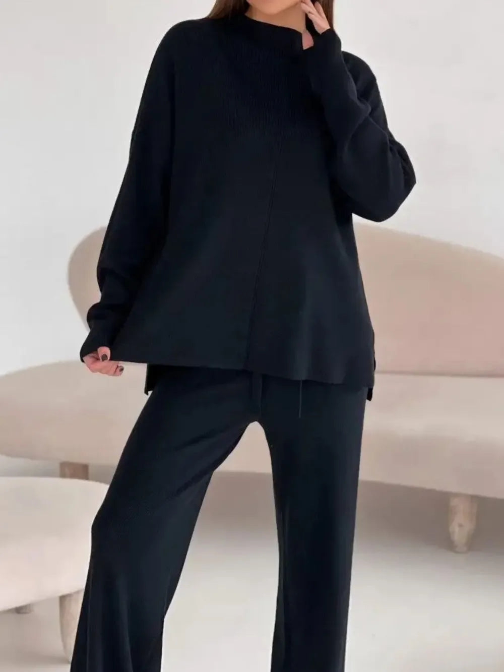 Slit Mock Neck Top and Pants Sweater Set Easy Apparels