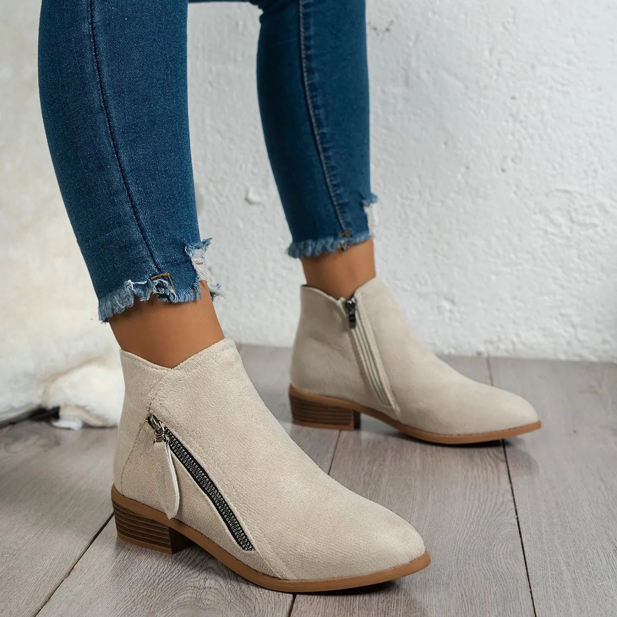 Side Zip Ankle Boots with Block Heel Ivory Easy Apparels