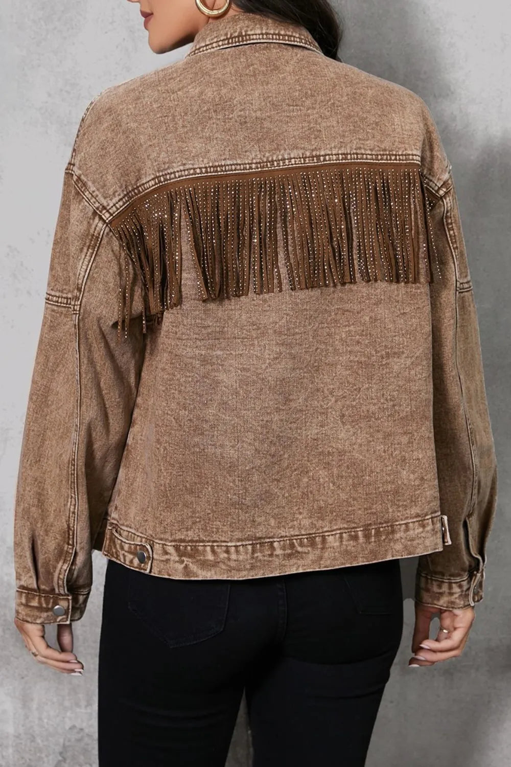 Fringe Trim Snap Down Denim Jacket Easy Apparels