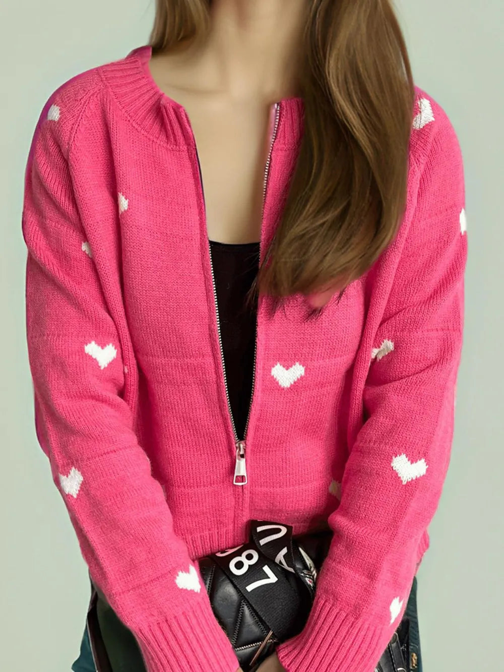 Heart Round Neck Zip Up Cardigan Easy Apparels