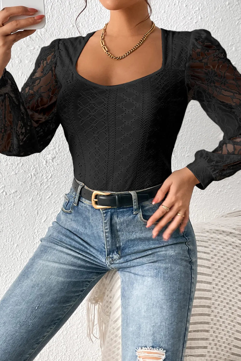 Trendsi Eyelet Lace Long Sleeve Bodysuit