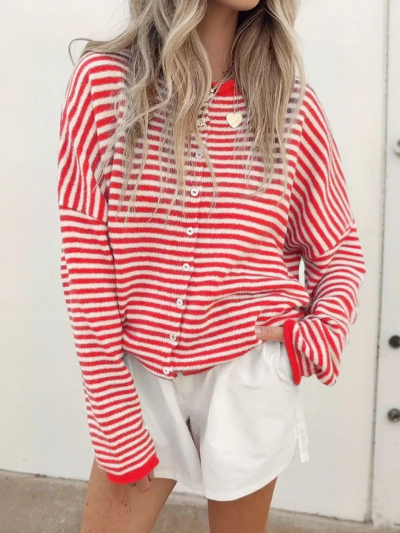 Striped Button Front Long Sleeve Cardigan Red Easy Apparels