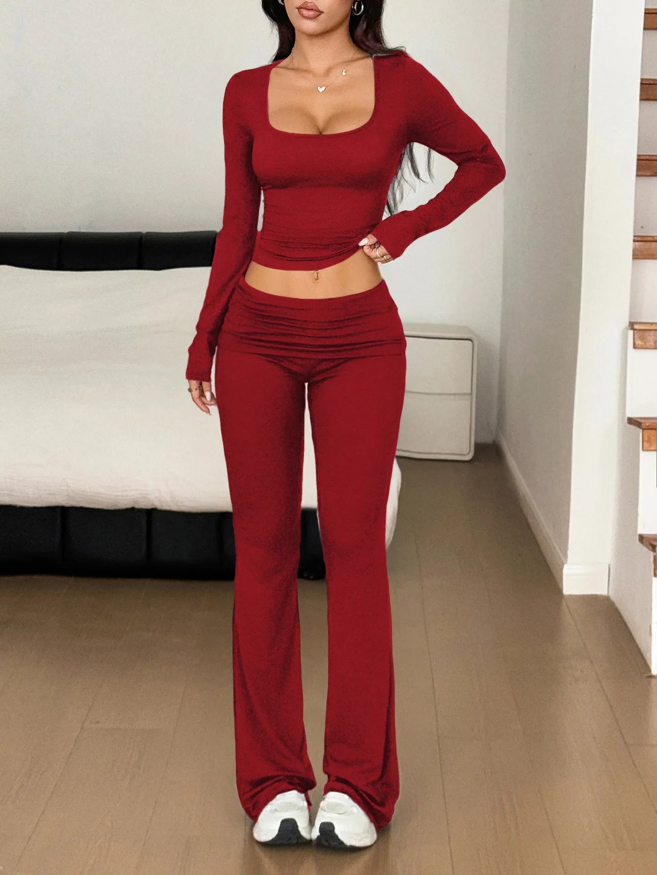 Long Sleeve Crop Top and Bootcut Pants Set Easy Apparels
