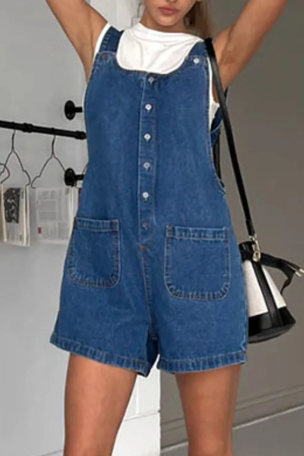 Button Front Denim Overall Shorts with Front Pockets Easy Apparels