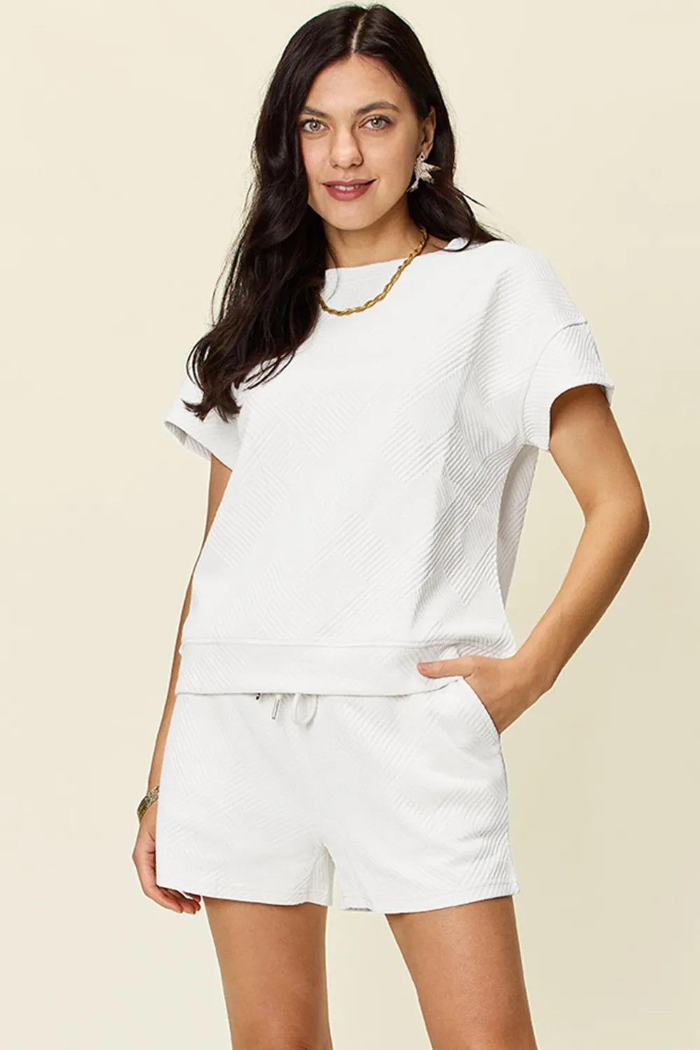 Double Take Full Size Texture Short Sleeve T-Shirt and Drawstring Shorts Set White Easy Apparels