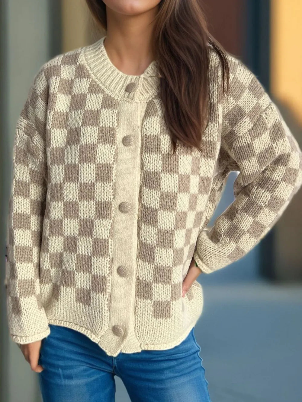 Checkered Button Up Round Neck Cardigan Easy Apparels