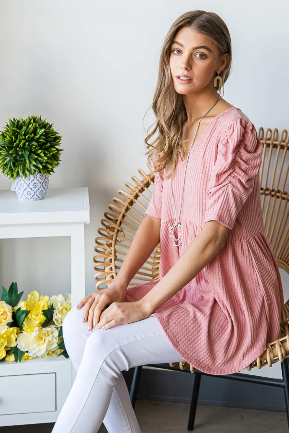 Trendsi Heimish Full Size Waffle Knit V-Neck Babydoll Top