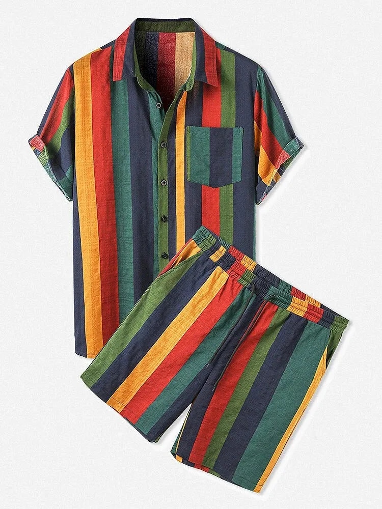 Men's Full Size Striped Button Up Shirt and Shorts Set Plus Size Red Stripe Easy Apparels