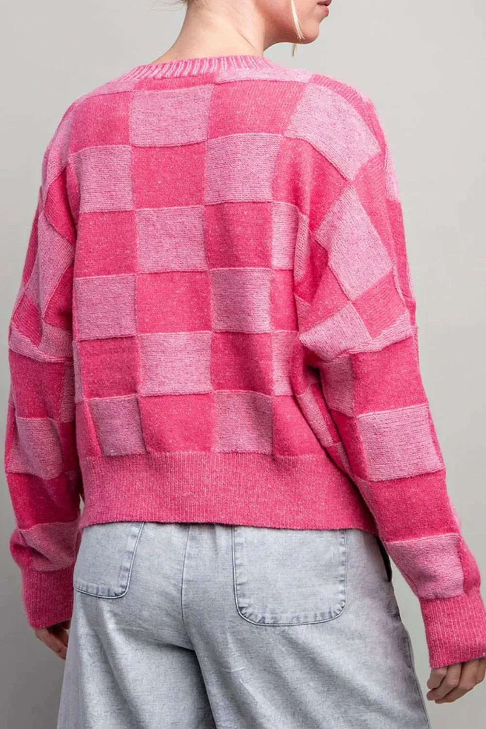 Checkered V-Neck Long Sleeve Cardigan Easy Apparels