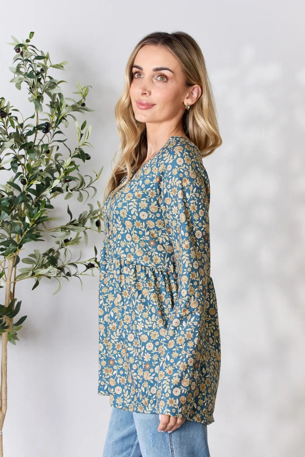 Trendsi Heimish Full Size Floral Half Button Long Sleeve Blouse