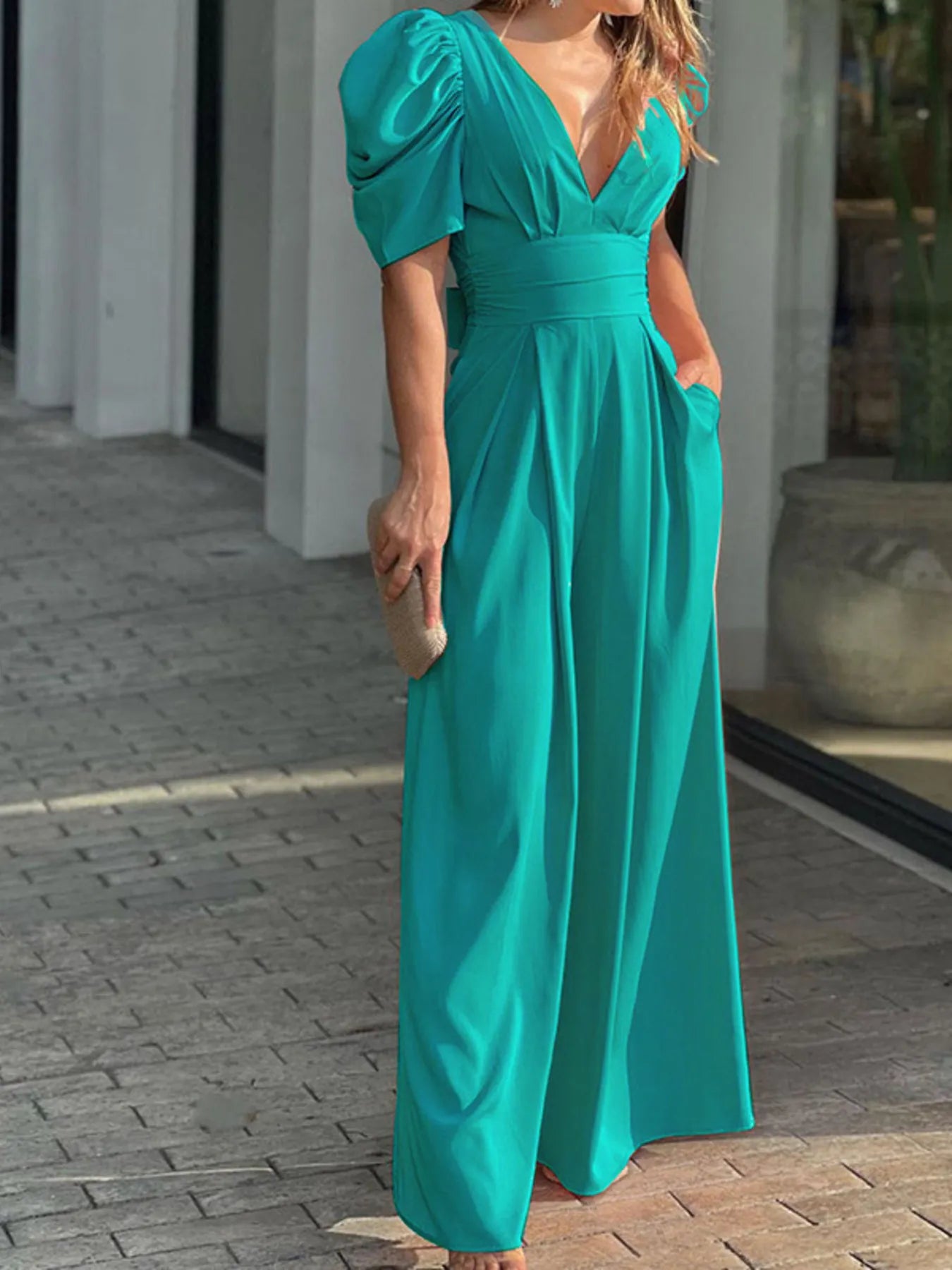 Full Size Cutout V-Neck Puff Sleeve Jumpsuit Plus Size Green Easy Apparels