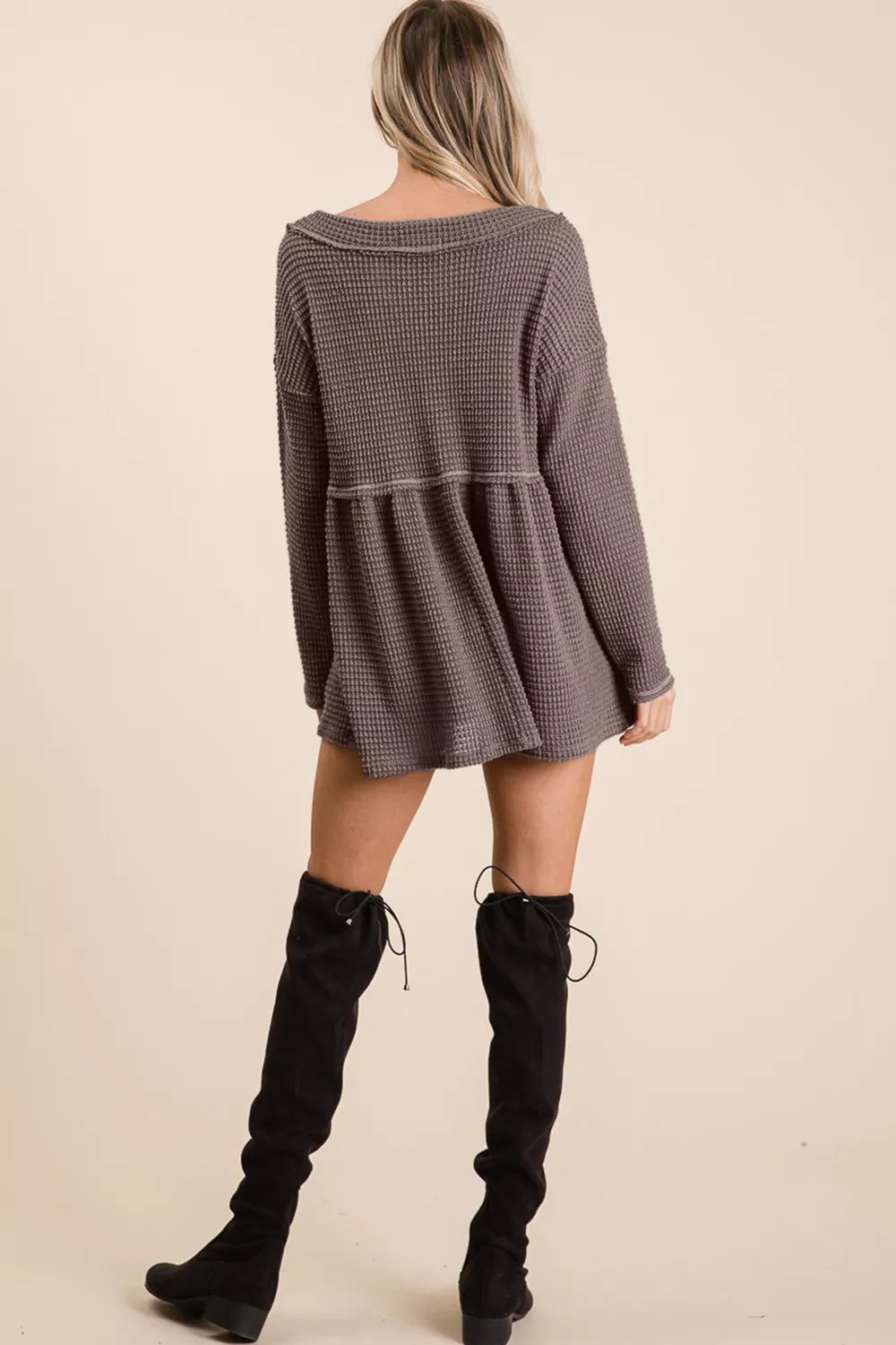 Trendsi BiBi Waffle Knit V-Neck Babydoll Blouse