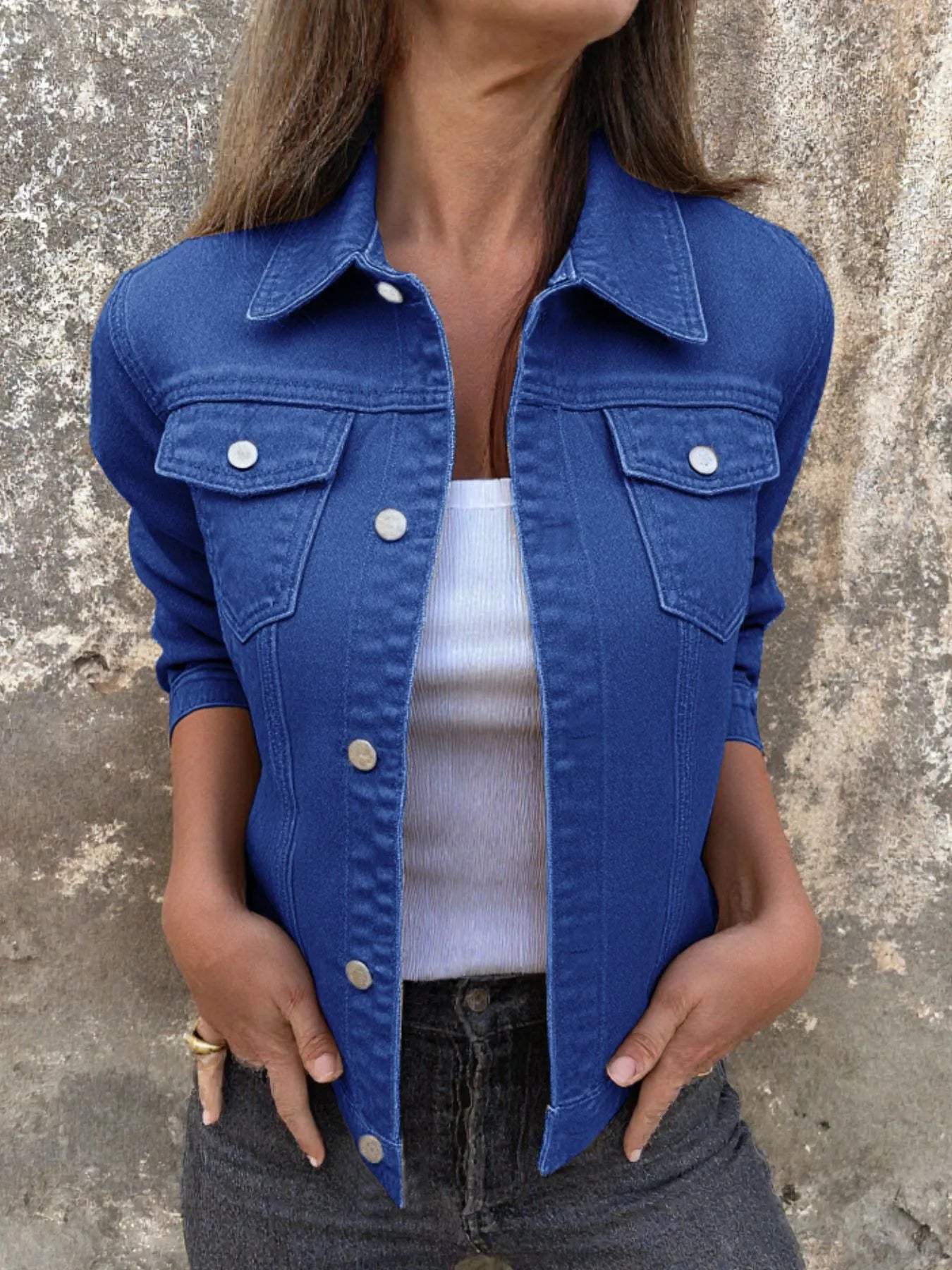 Button Front Closure Denim Jacket Dark Blue Easy Apparels