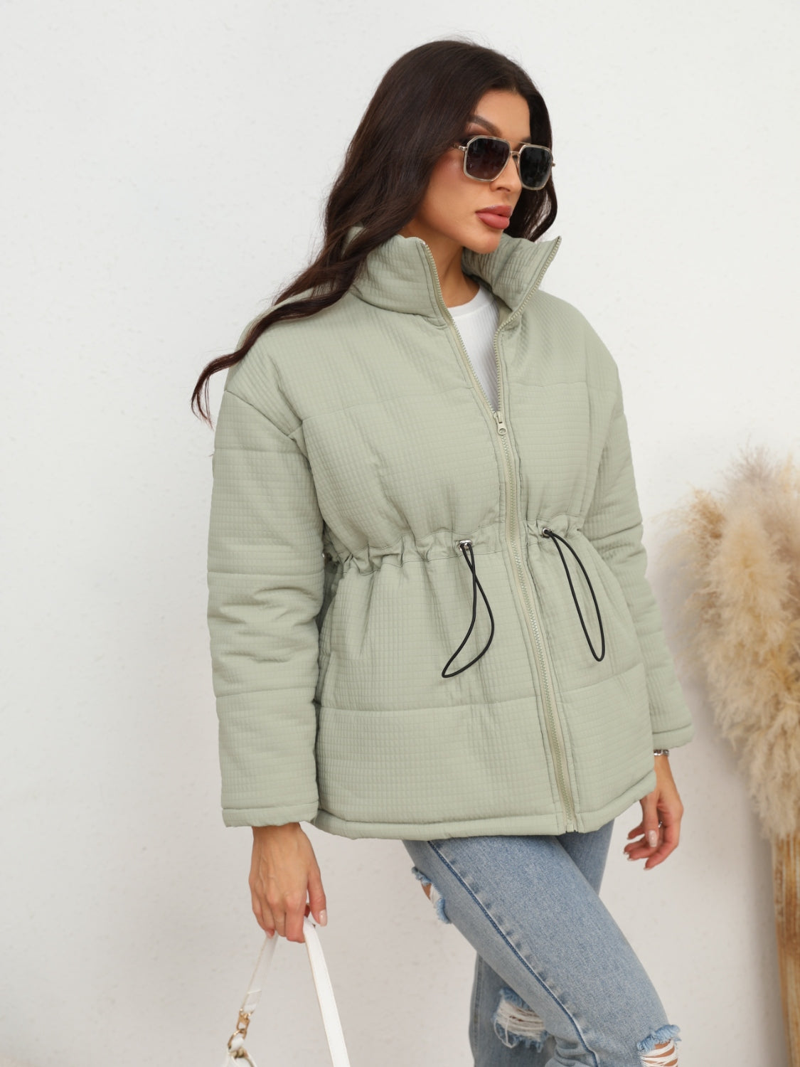 Drawstring Waist Zip-Up Puffer Jacket Easy Apparels