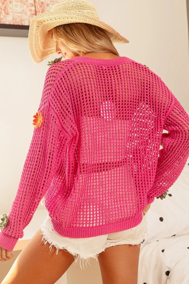 BiBi Flower Patches Open Knit Sweater Cardigan Easy Apparels