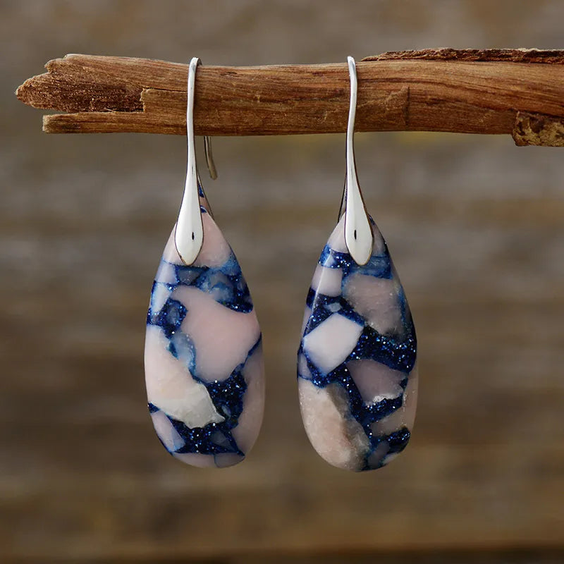 Teardrop Shape Natural Stone Dangle Earrings Pink Blue Silver One Size Easy Apparels