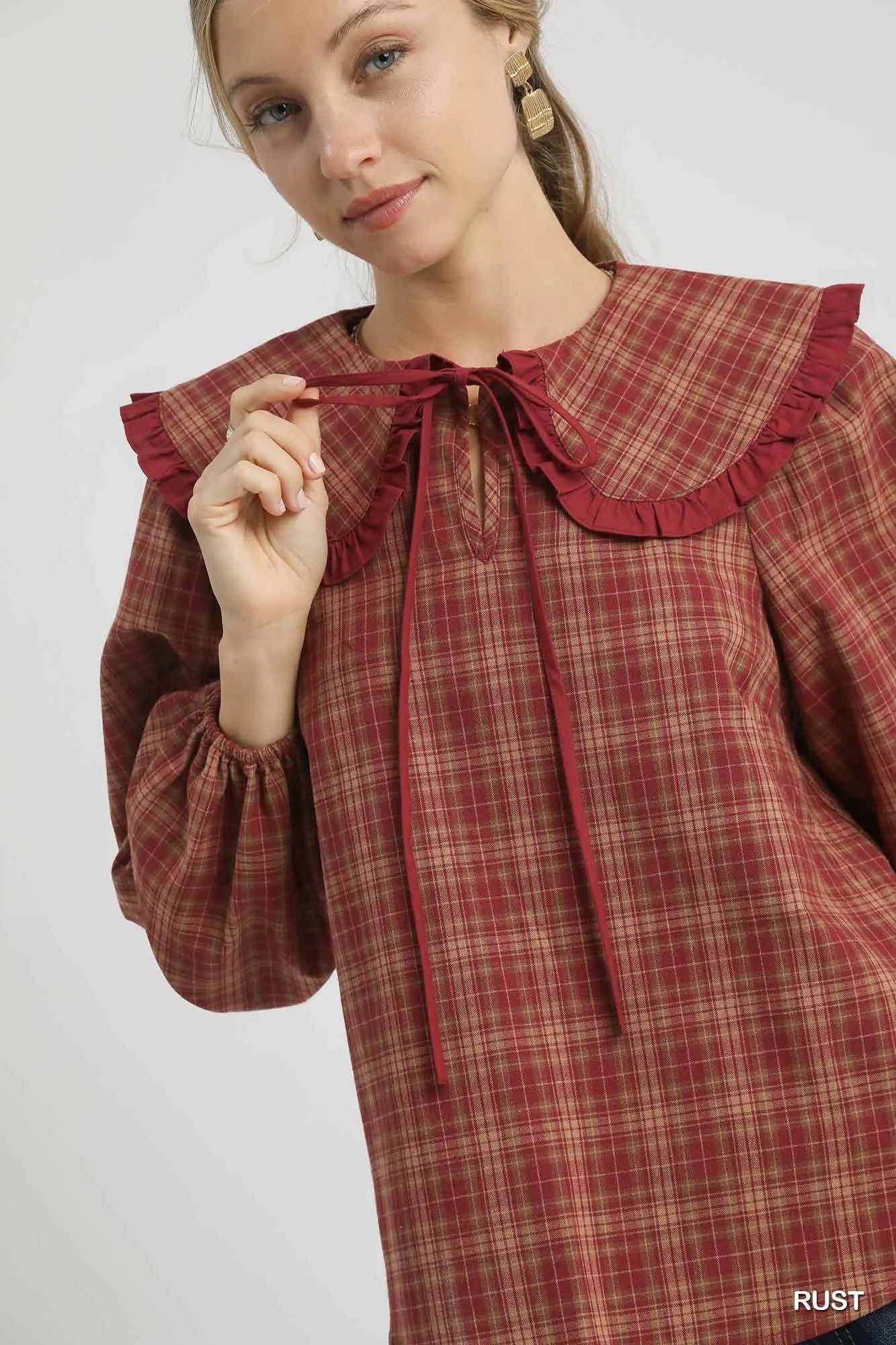 Umgee Full Size Plaid Ruffle Collar Blouse Plus Size Easy Apparels
