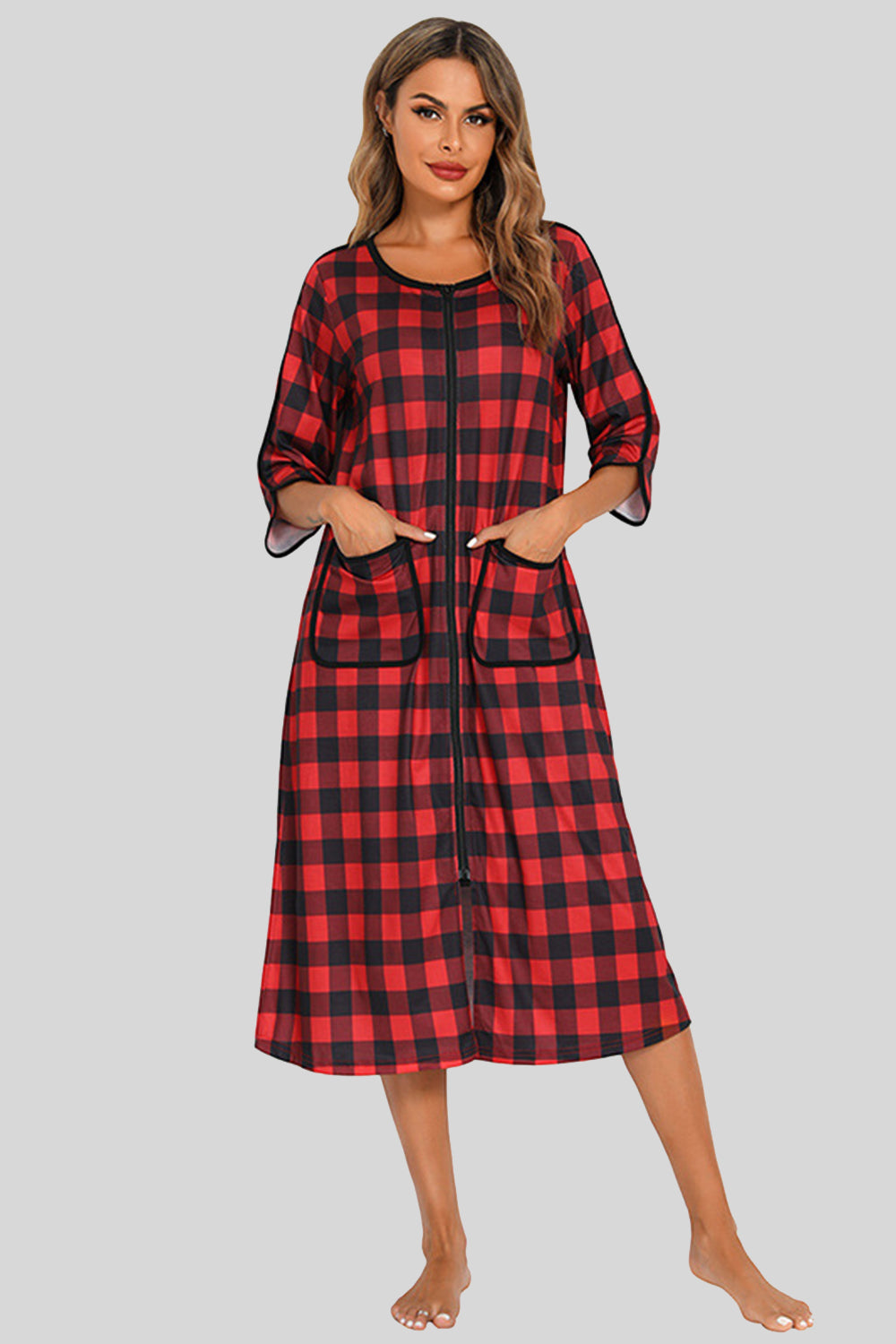 Round Neck Three-Quarter Sleeve Midi Night Dress Wine Easy Apparels
