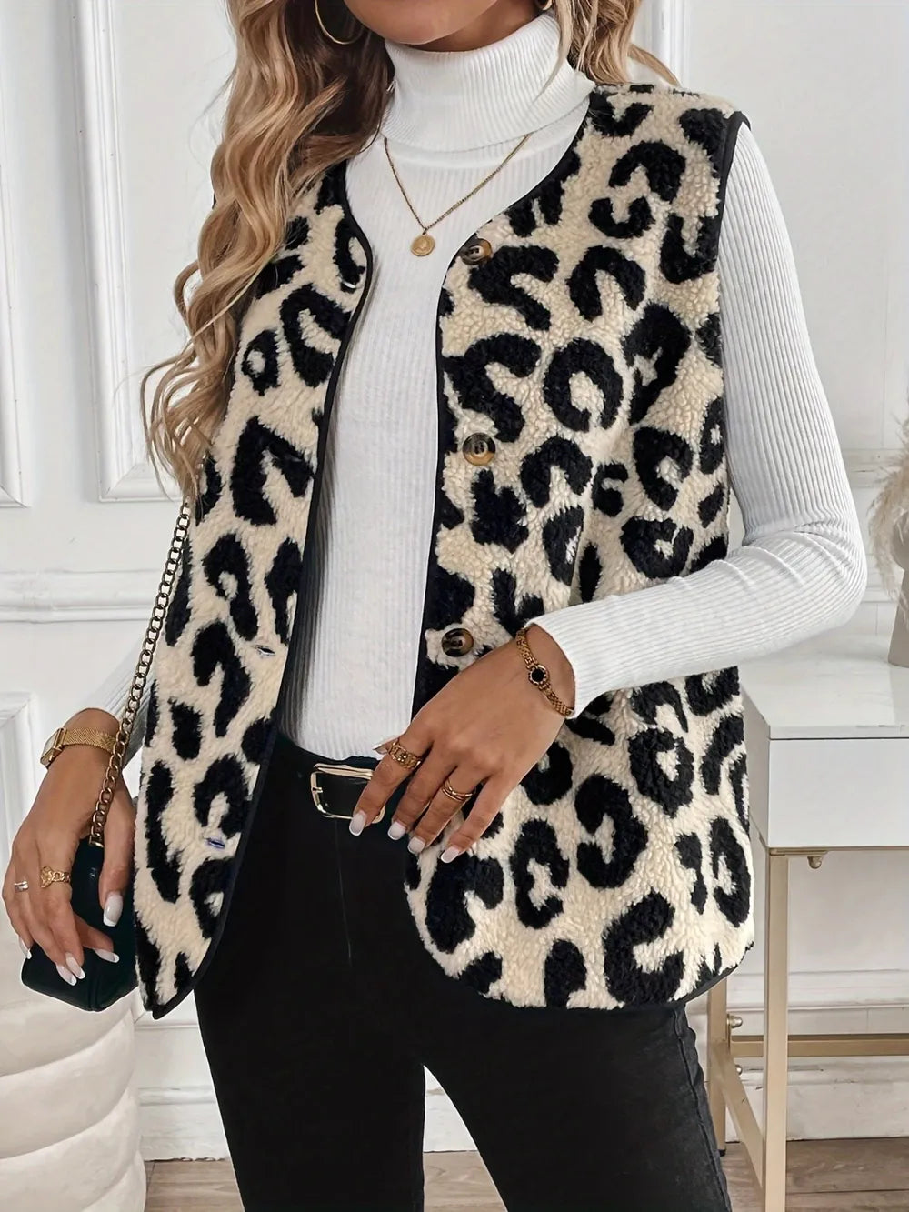 Leopard Button Up Sherpa Vest Easy Apparels