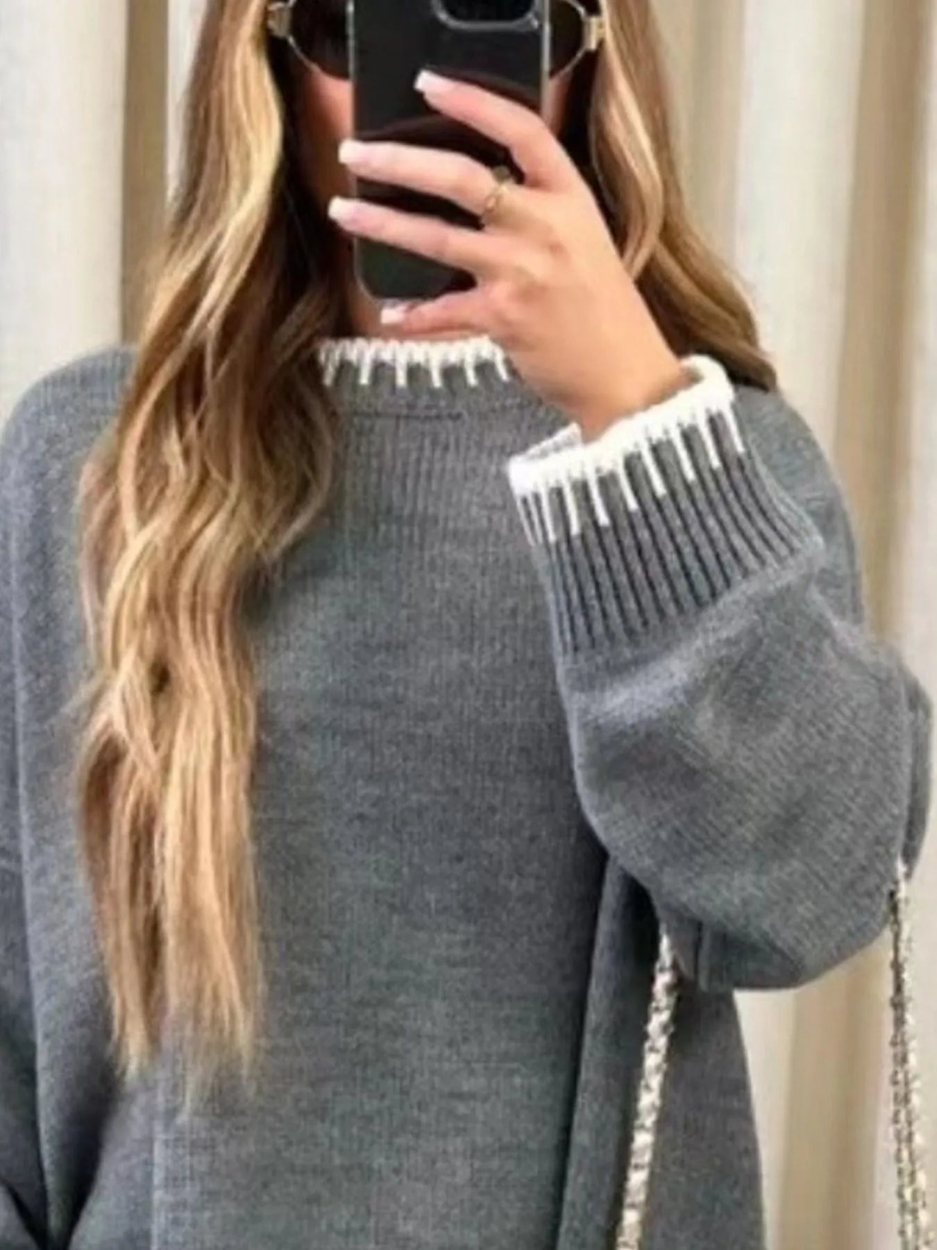 Contrast Trim Round Neck Top and Pants Sweater Set Gray Easy Apparels