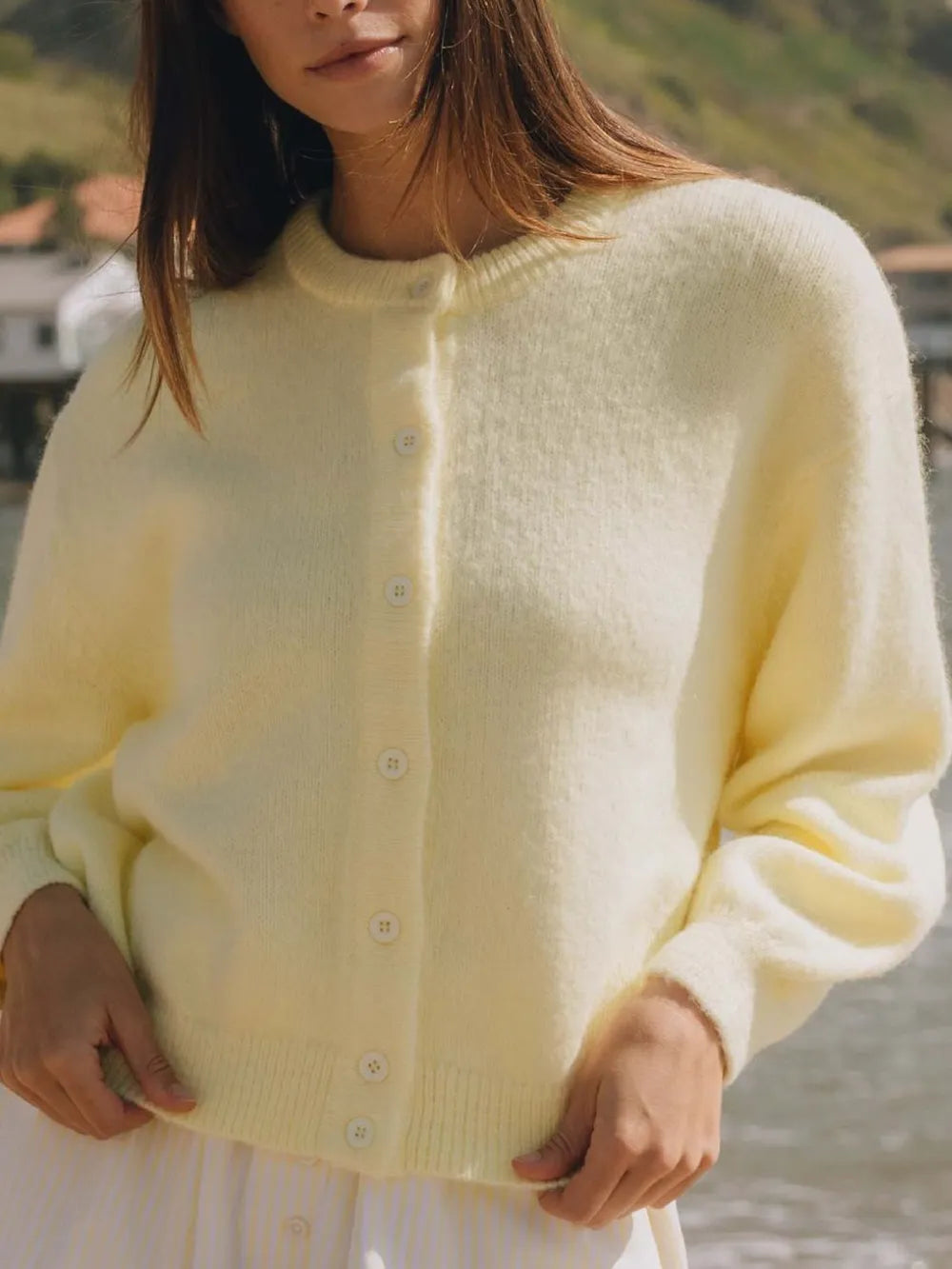 Button Down Long Sleeve Cardigan Pastel Yellow Easy Apparels