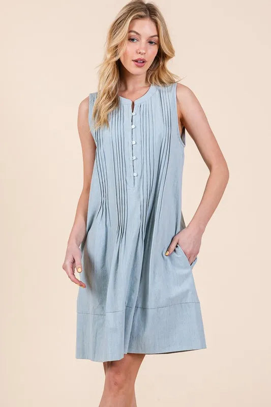 Lime 'N' Chili Denim Pintuck Detail Sleeveless Midi Dress Easy Apparels