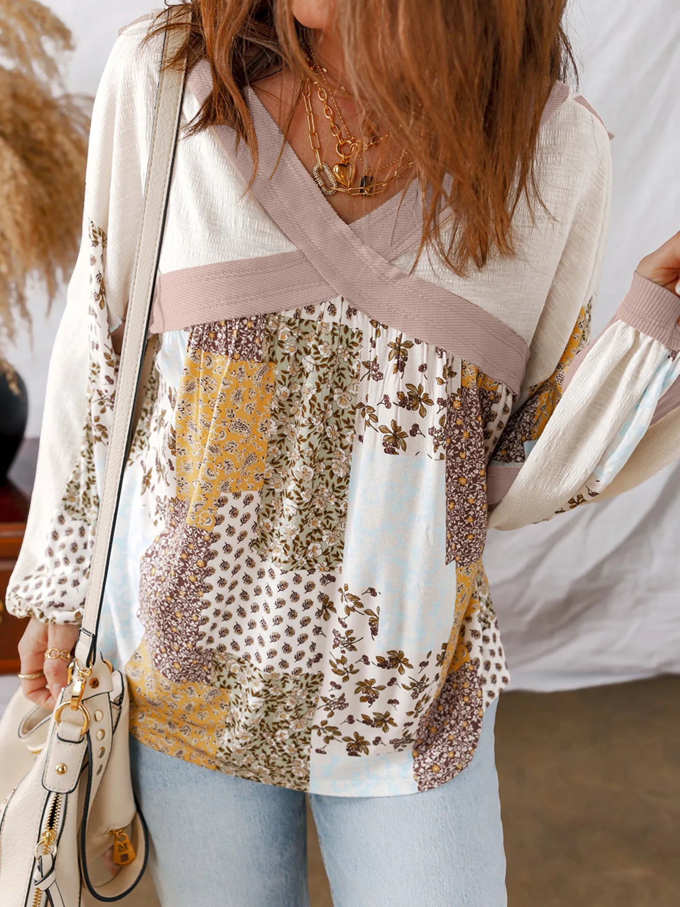 Trendsi Floral Printed Contrast Patchwork Long Sleeve Top