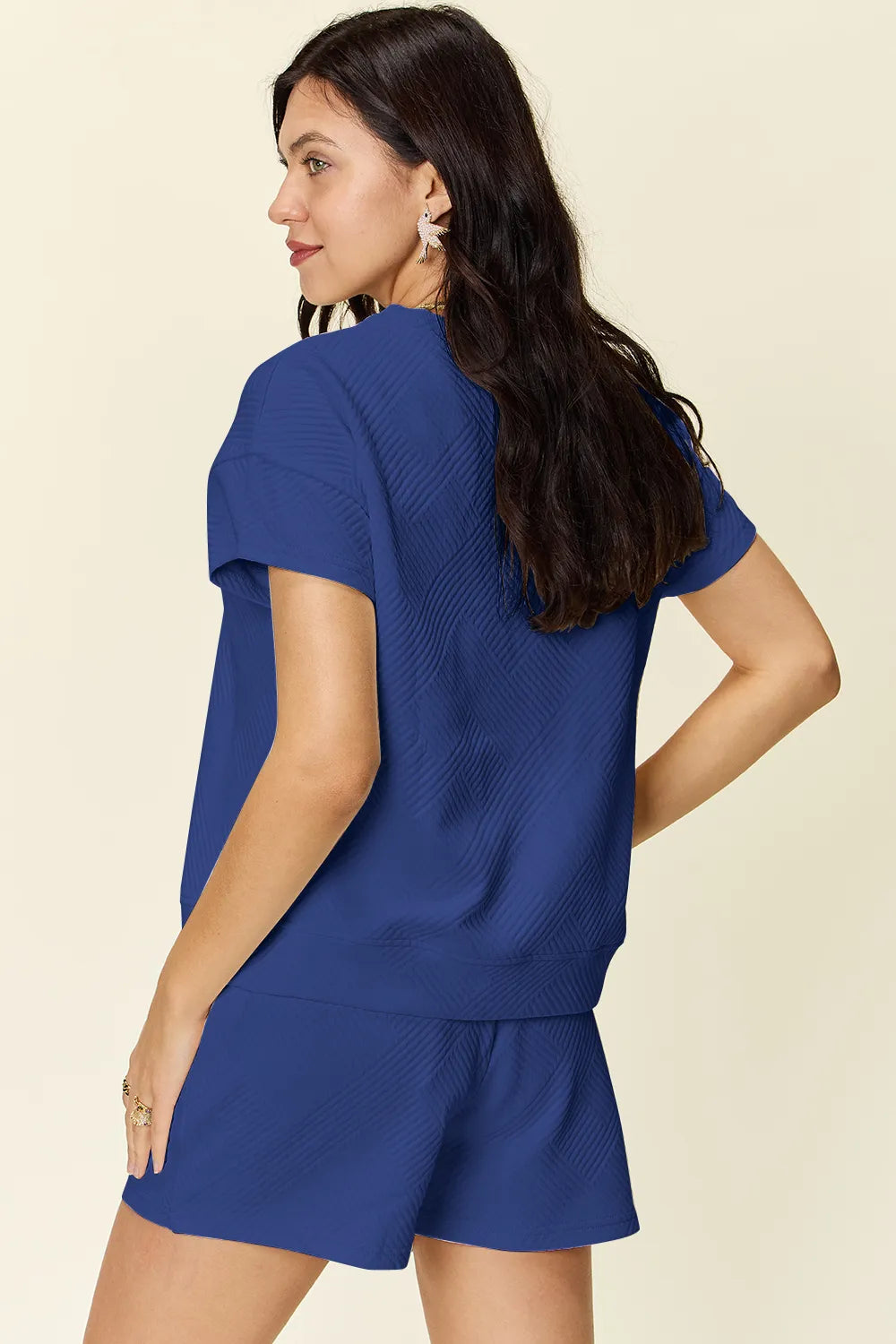 Double Take Full Size Texture Short Sleeve T-Shirt and Drawstring Shorts Set Easy Apparels