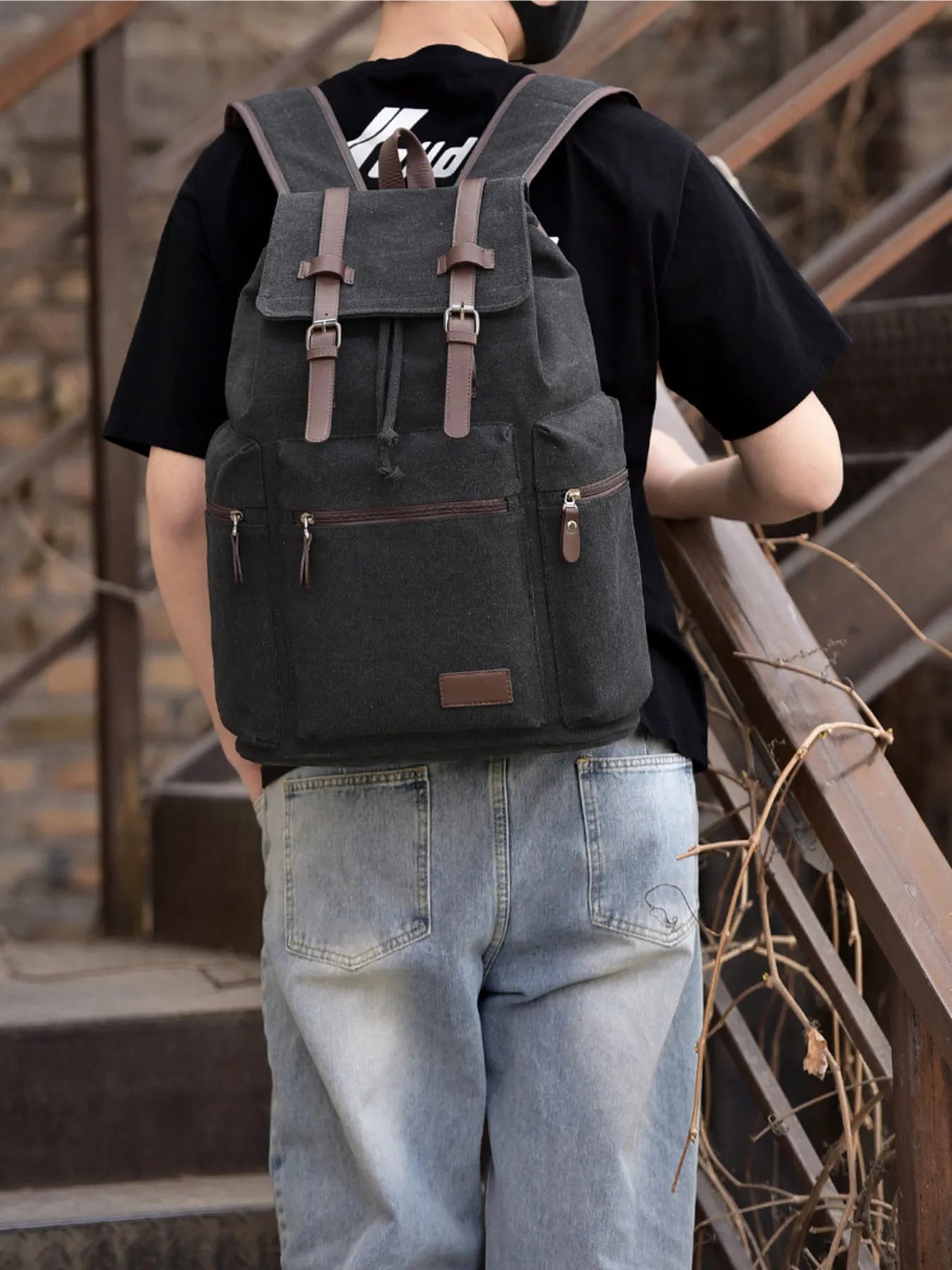 Canvas Backpack Bag with Buckle Straps Black One Size Easy Apparels