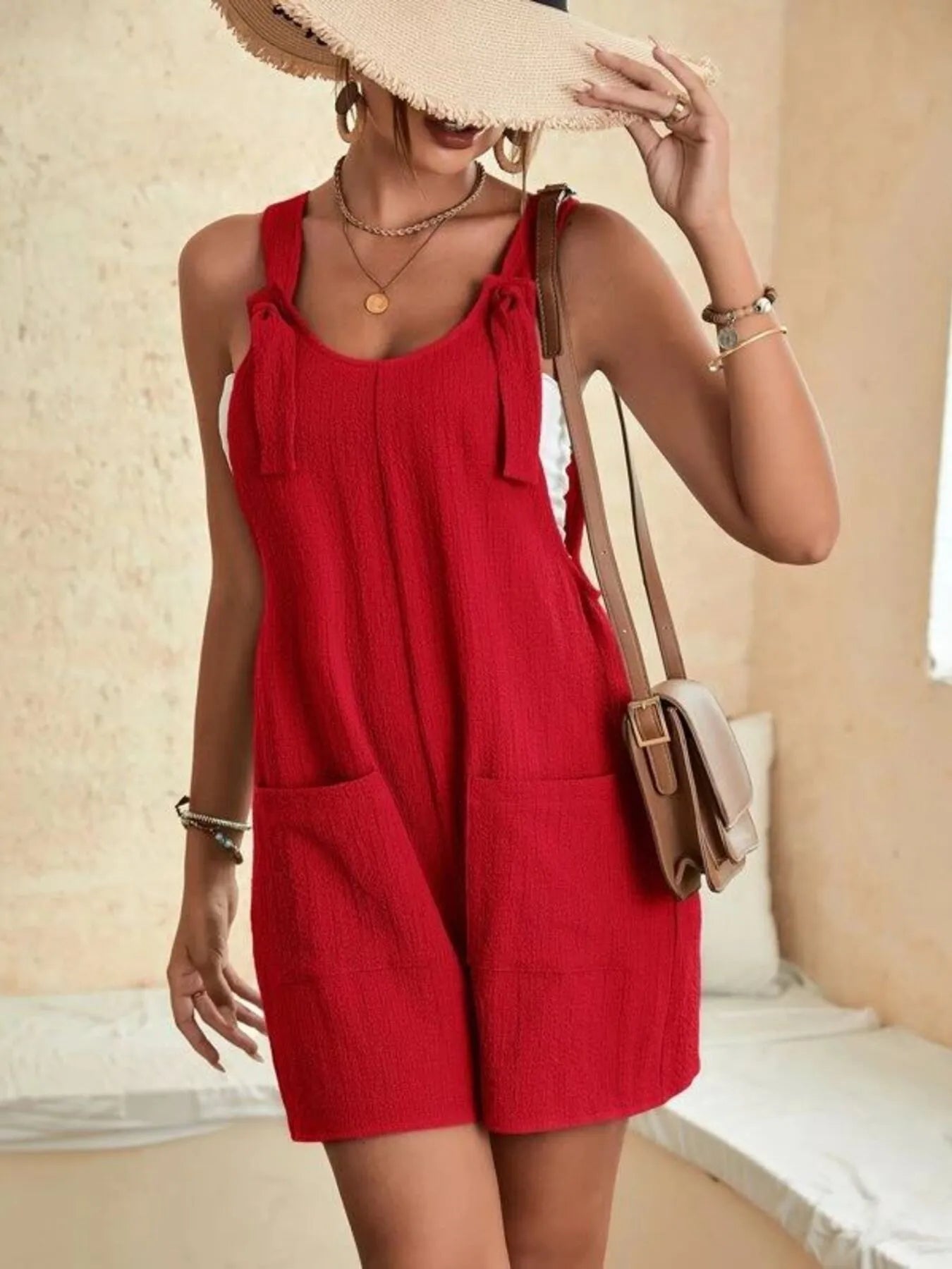 Full Size Knot Strap Romper with Pockets Plus Size Easy Apparels