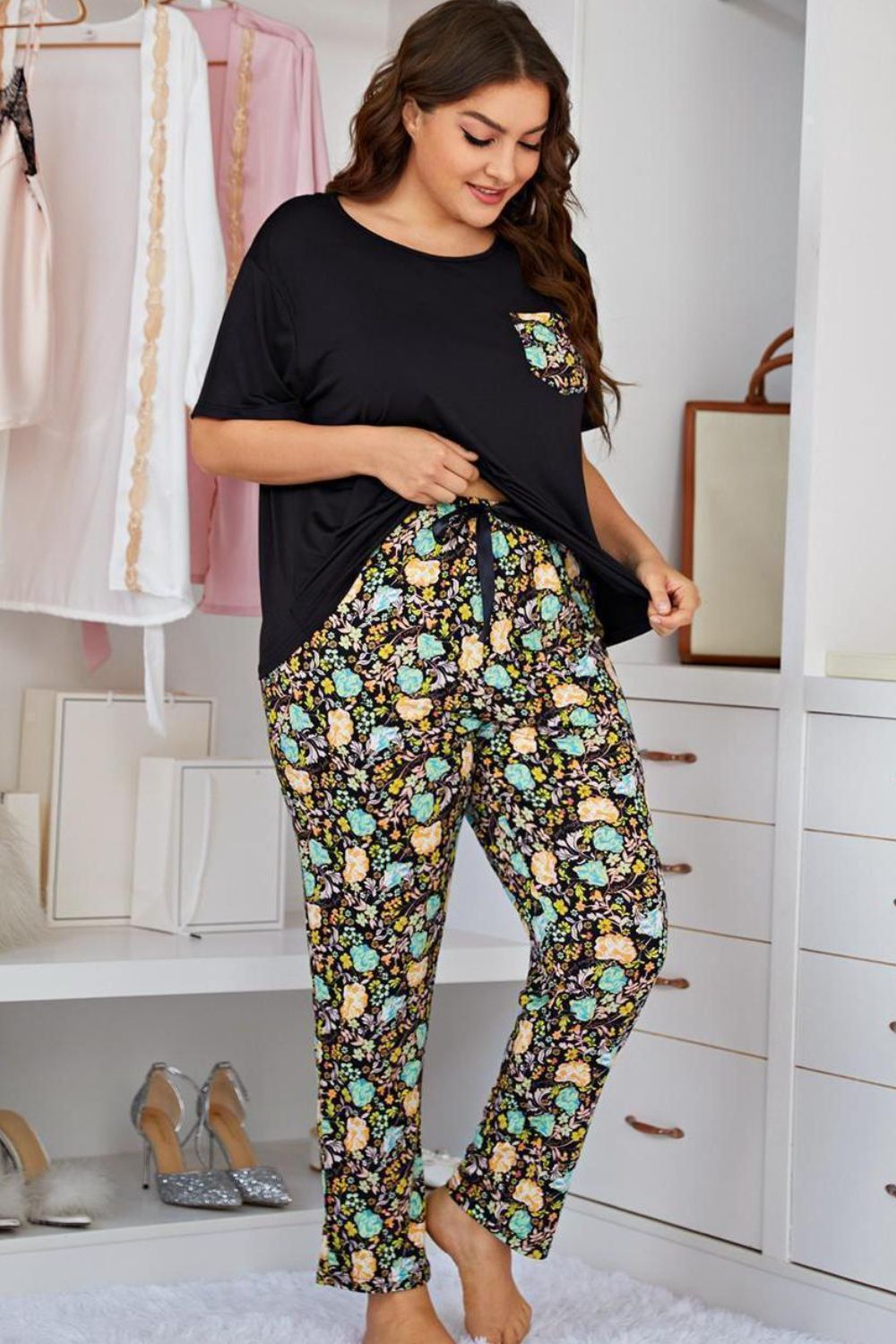 Plus Size Contrast Round Neck Tee and Floral Pants Lounge Set Easy Apparels