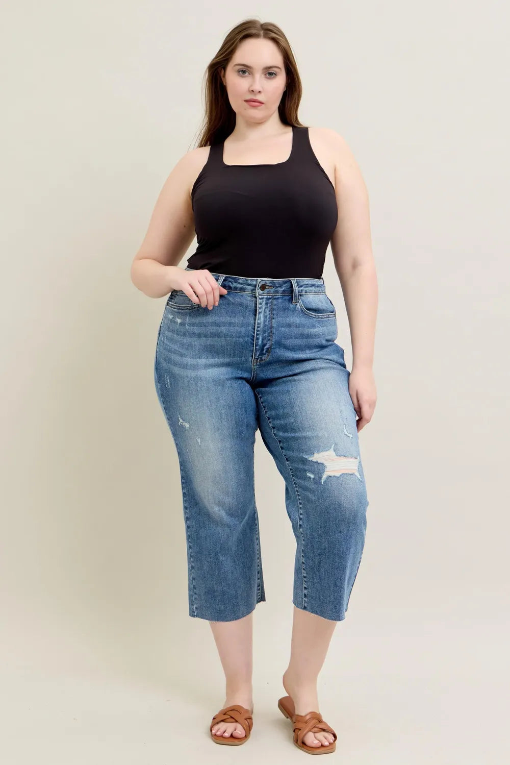 Judy Blue Plus Size High Waist Back Destroy & Raw Cut Hem Crop Wide Easy Apparels
